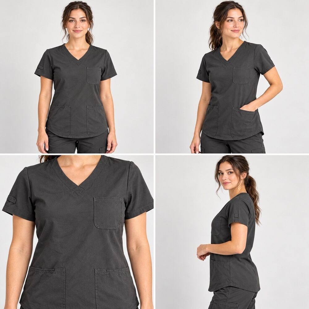 Scrubstar Scrub Top Small Black V Neck Short Sleeve 3 Pocket Medical Uniform